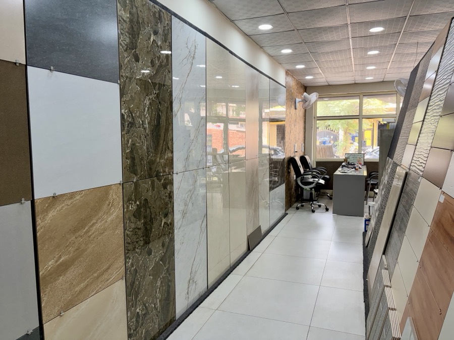 Showroom aisle with wood-look tiles
